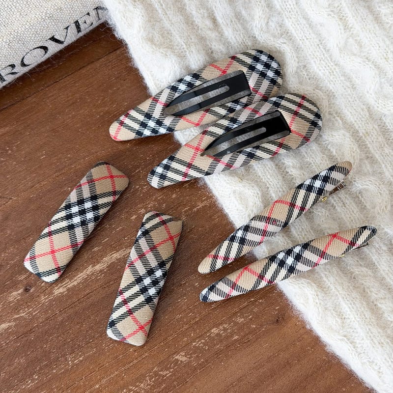 Korean Khaki Plaid Hair Clip, Retro Side Fringe Hair Pin