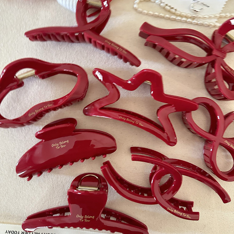 Lunar New Year Festive Red Gold-Letter Claw Clip, Premium Large French Updo Shark Clip