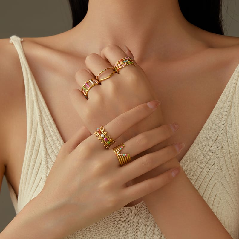 European 18K Gold Plated Geometric Enamel Stainless Steel Ring