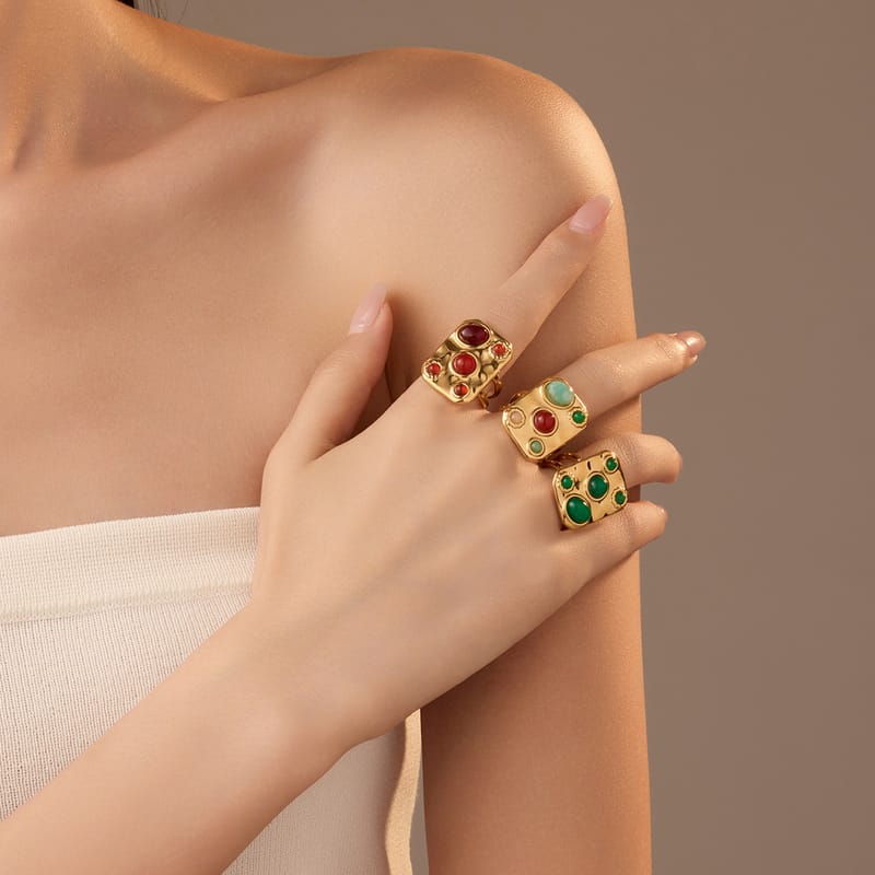 European Square Colored Natural Stone Stainless Steel Adjustable Ring