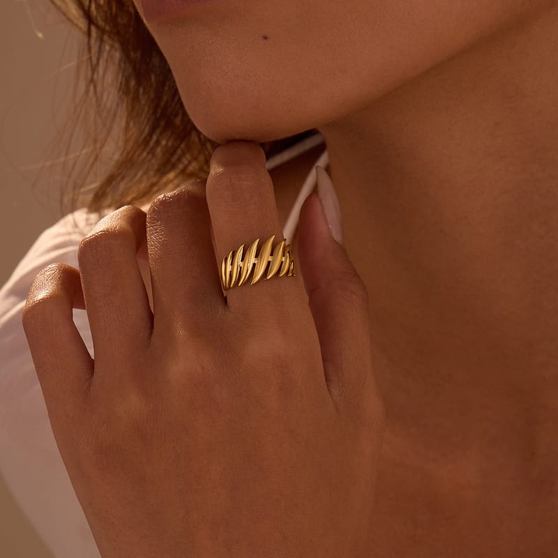 European Willow Leaf Open Stainless Steel Ring 18K Gold Plated Gold