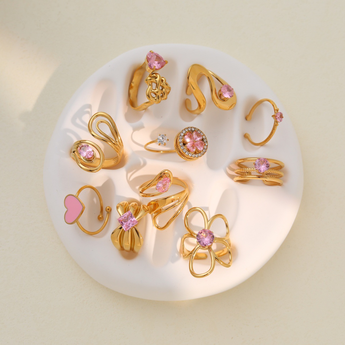 European Pink Zircon Stainless Steel Ring Set