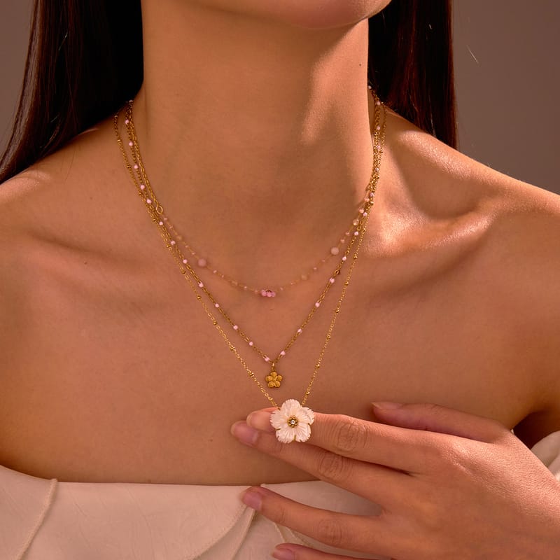 18K Gold Plated Beaded Floral Layered Stainless Steel Necklace