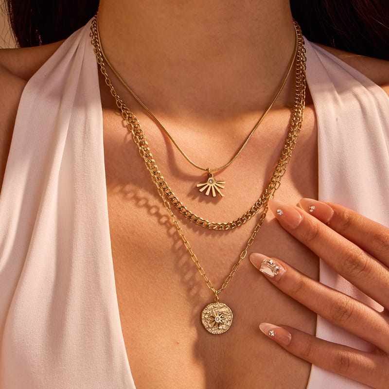 Irregular Triple Layer Round Coin Sunflower Pendant Necklace