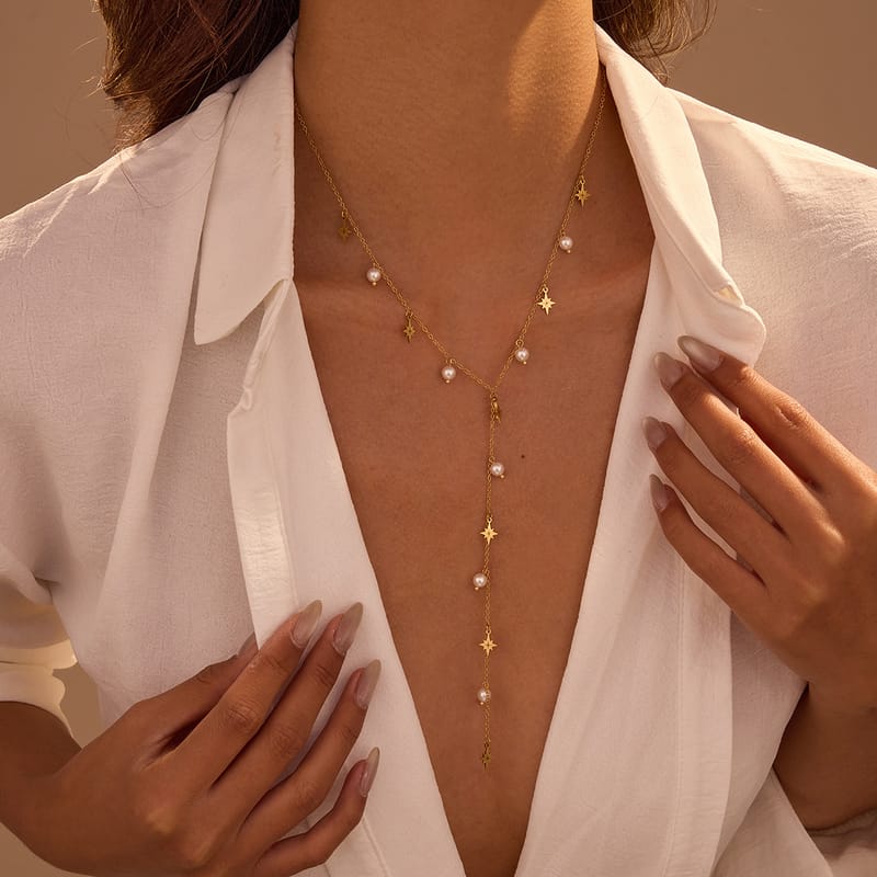18K Gold Plated Pearl Tassel Y-Shaped Stainless Steel Necklace