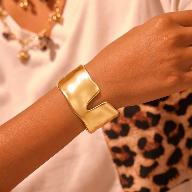 Matte Gold Irregular Wavy Wide Stainless Steel Bangle