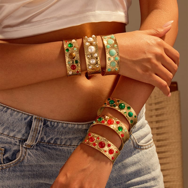Vintage Colored Natural Stone Titanium Steel Bangle
