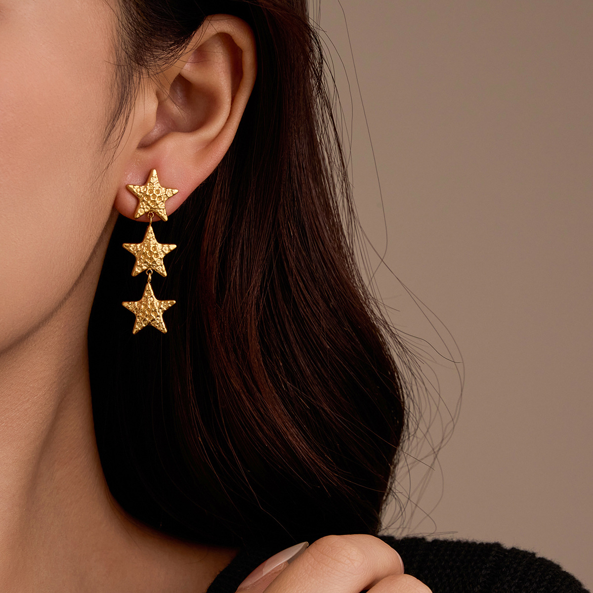 Hammered Star Tassel Stainless Steel Dangle Earrings