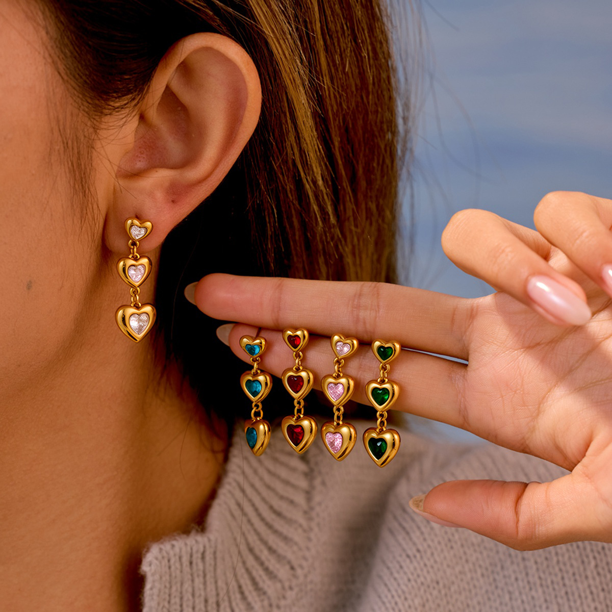18K Gold Plated Heart Zircon Stainless Steel Earrings