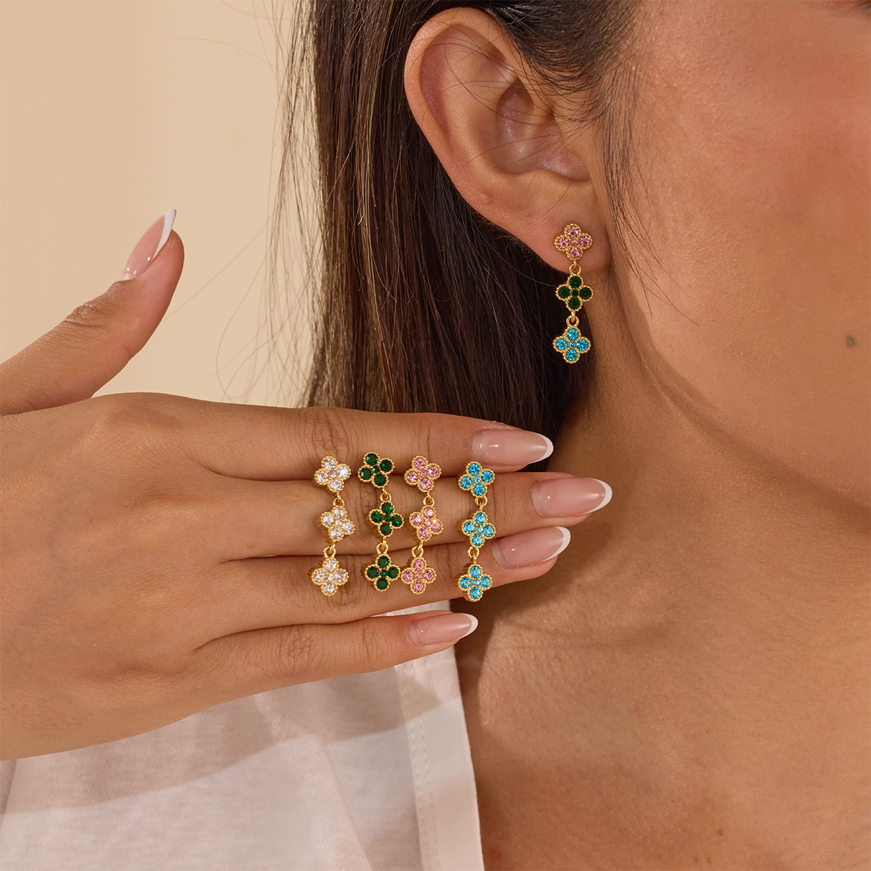 Colorful Zircon Flower Clover Tassel Dangle Earrings