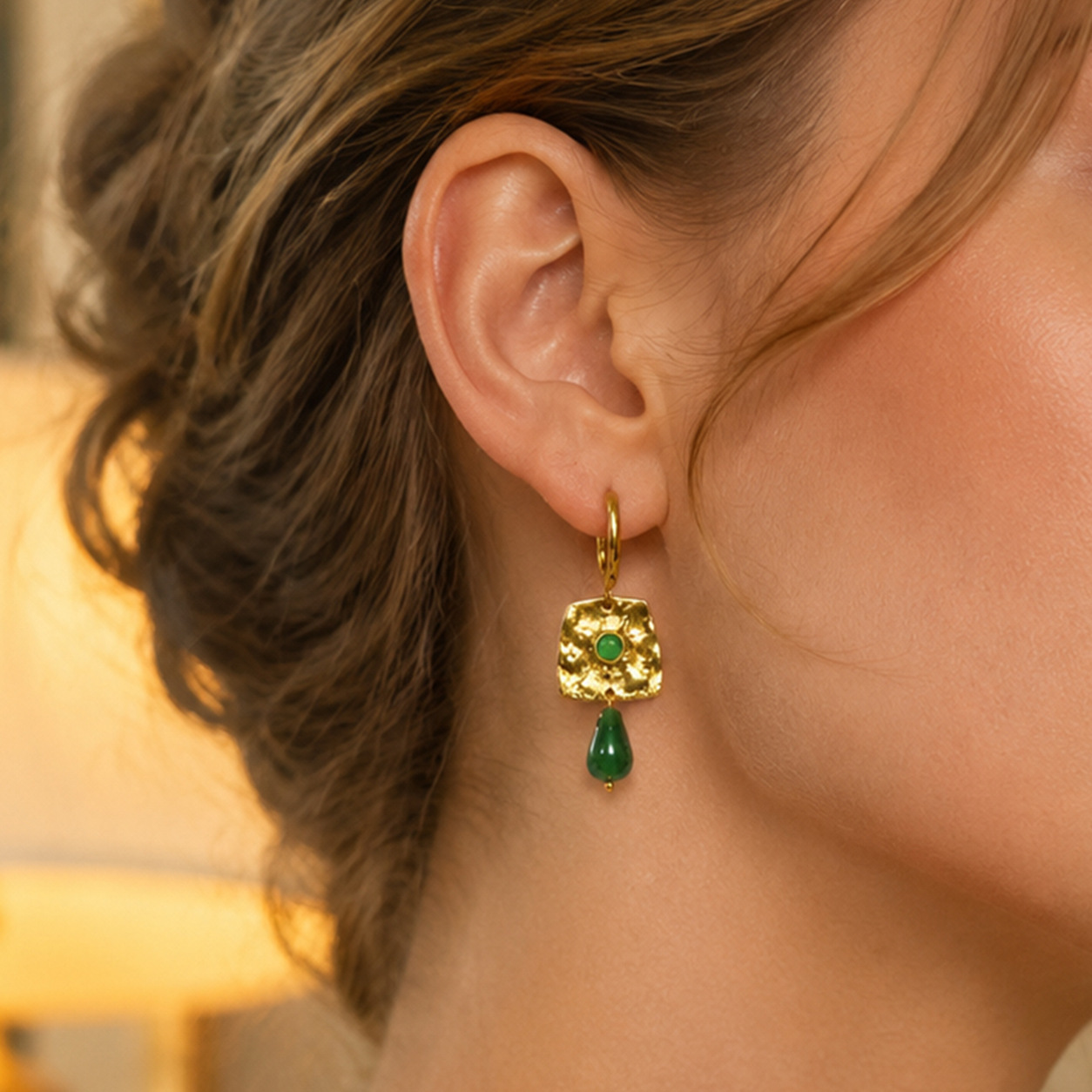 Hammered Square Jade Teardrop Vintage Earrings
