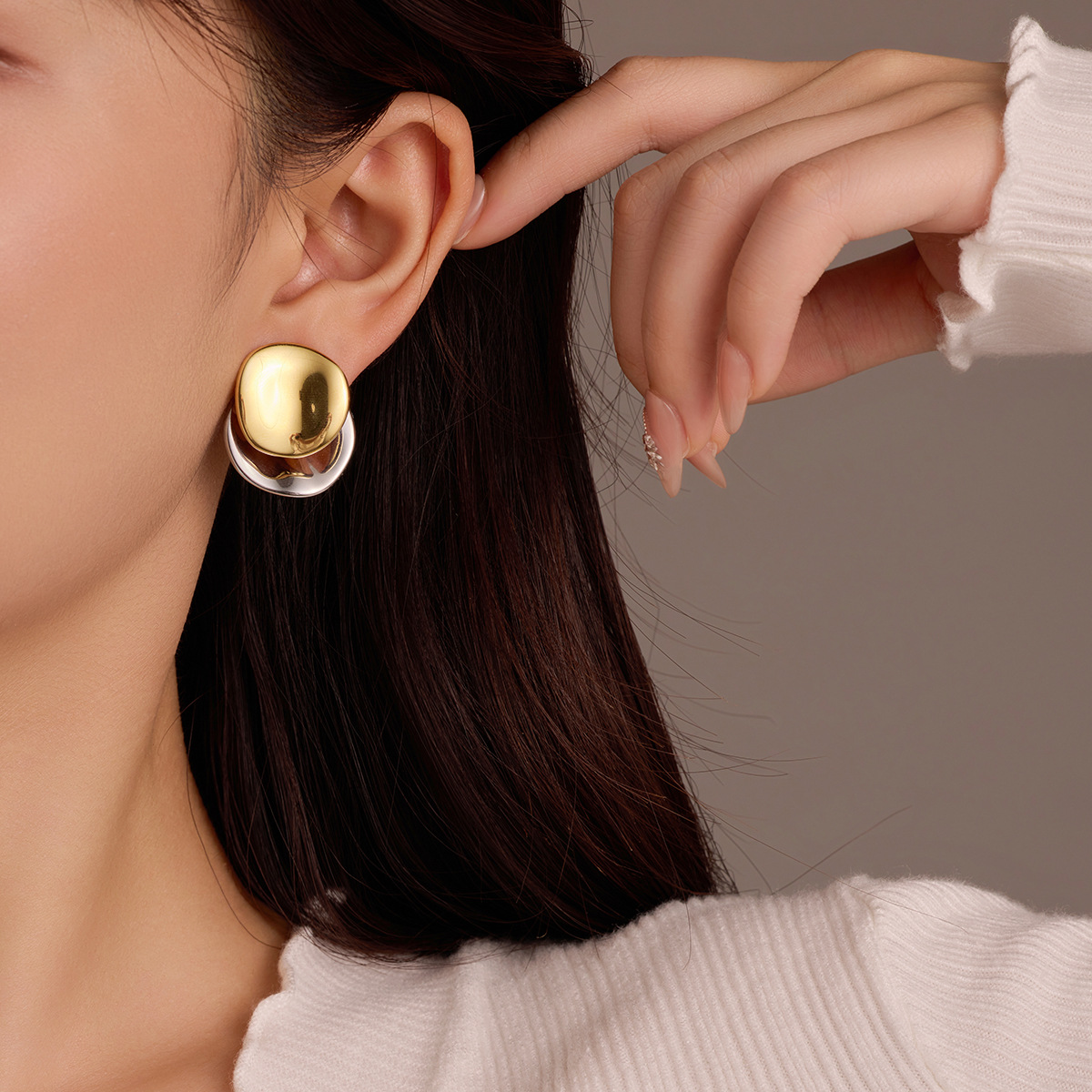 Geometric Two-Tone Round Stainless Steel Stud Earrings