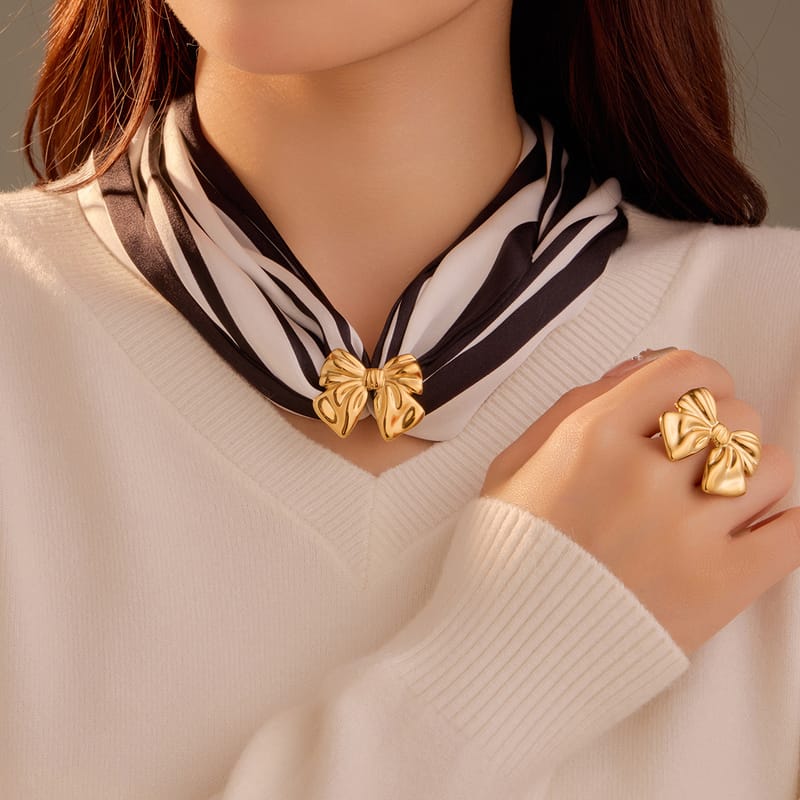 INS Bow Scarf Ring, Metal Silk Scarf Buckle, Elegant Geometric Scarf Fastener Slide Ring