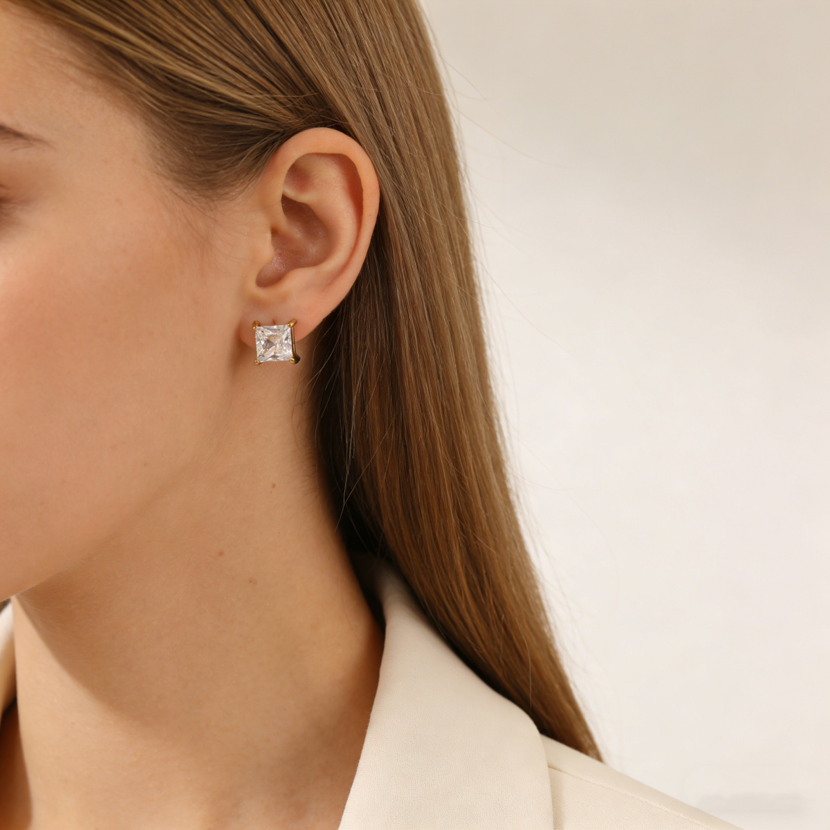 316L Geometric Square Stud, Sparkly Zircon Stud Earring, Cute Hypoallergenic Piercing Accessory