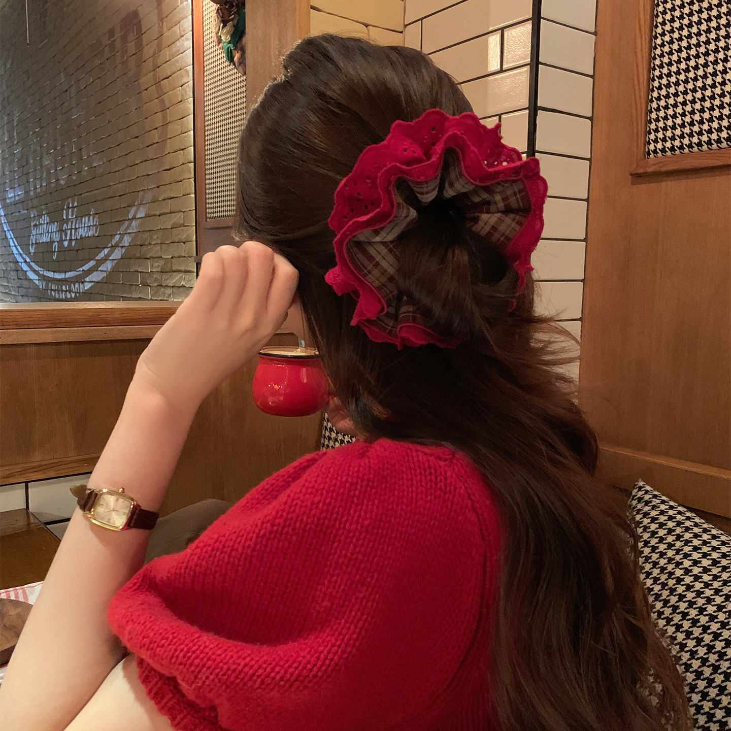 New Year Red Lace Check Four-Layer Scrunchie, Elastic Silk Scrunchies, Cute Soft Ponytail Holder Bands for Girls