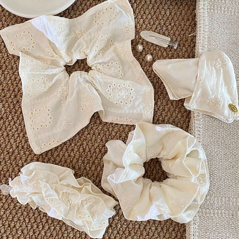 French Beige Lace Embroidered Flower Scrunchie, Elastic Silk Scrunchies, Cute Soft Ponytail Holder Bands for Girls
