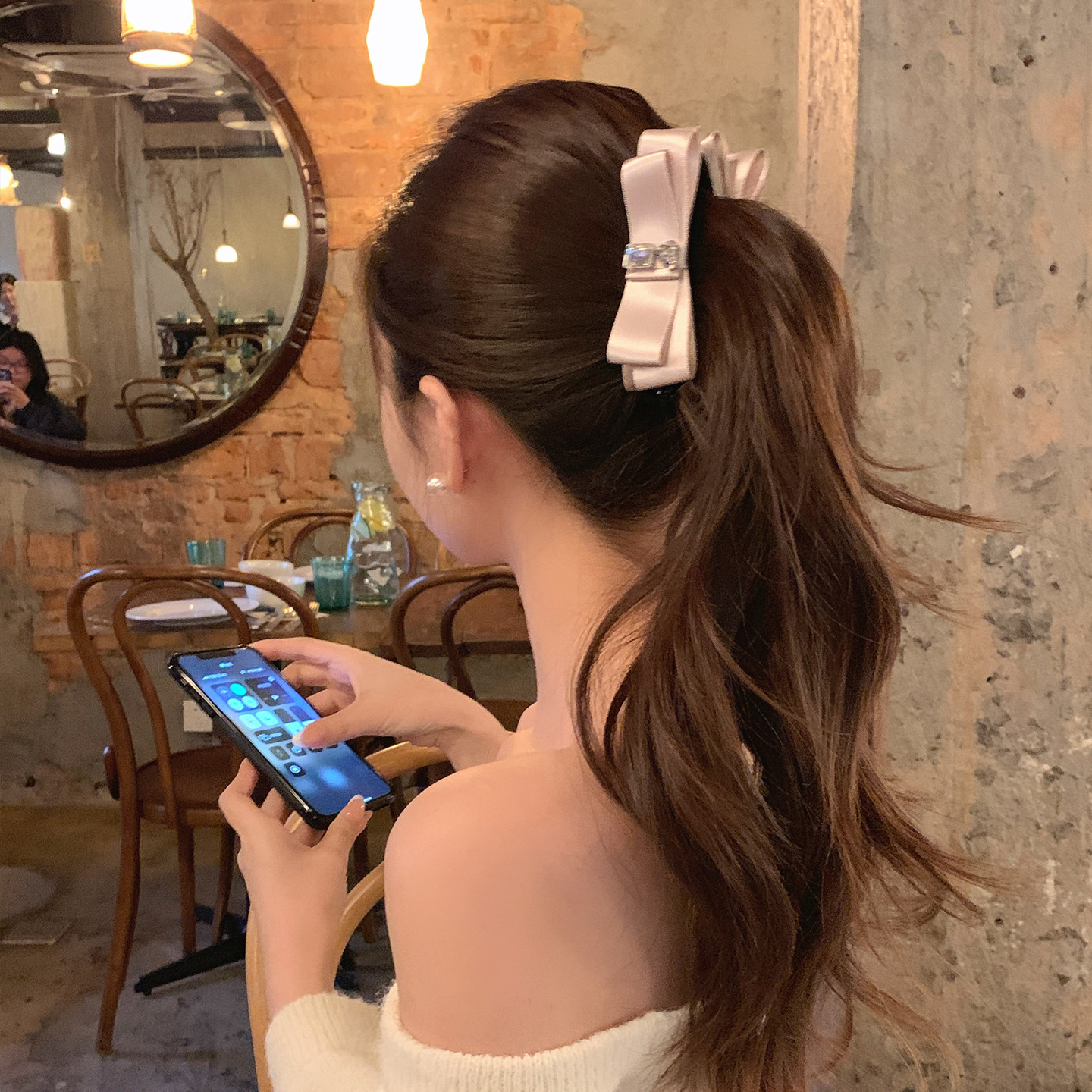 Sparkling Heart Rhinestone Satin Bow Banana Clip, Vertical Hair Clip Clamp, Retro Ponytail Holder Claw for Thick Hair